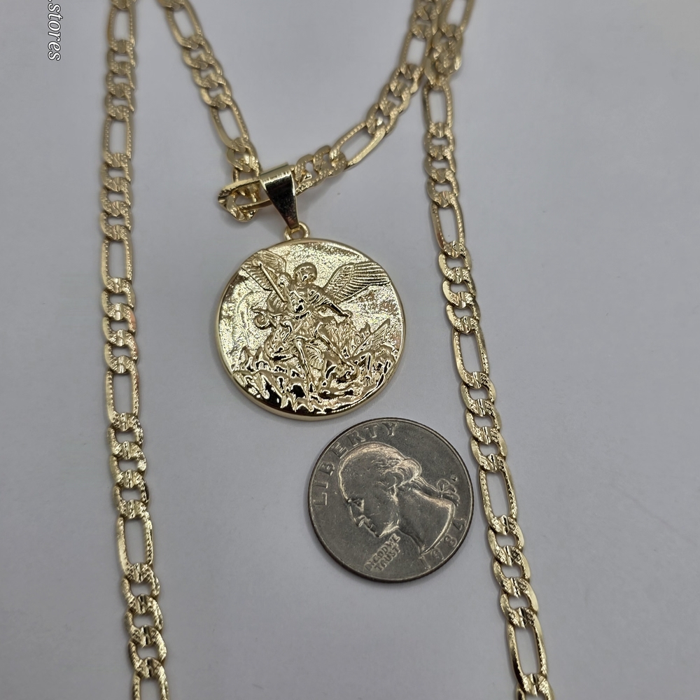 Gold Medallion Necklace with Figaro Chain